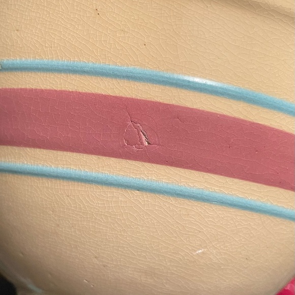 SOLD Watt Pottery Yellow Ware Pink & Blue Band #7 Mixing Bowl Hairline Cracks - Picture 6 of 13